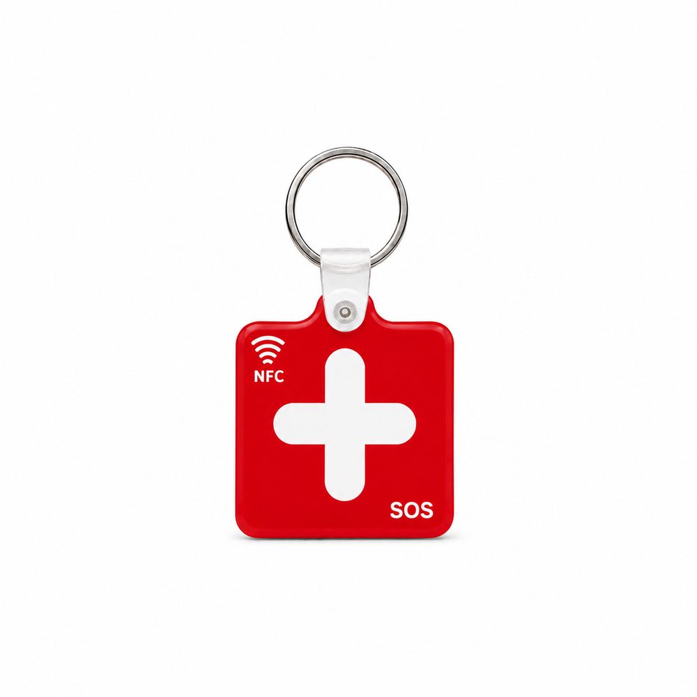 Portachiavi SOS key rosso con croce bianca, simbolo NFC e scritta SOS