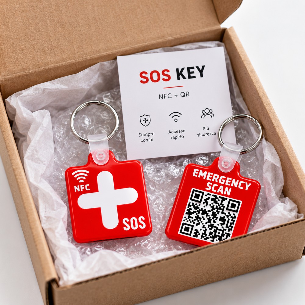 Scatola SOS key con i portachiavi NFC e QR all'interno