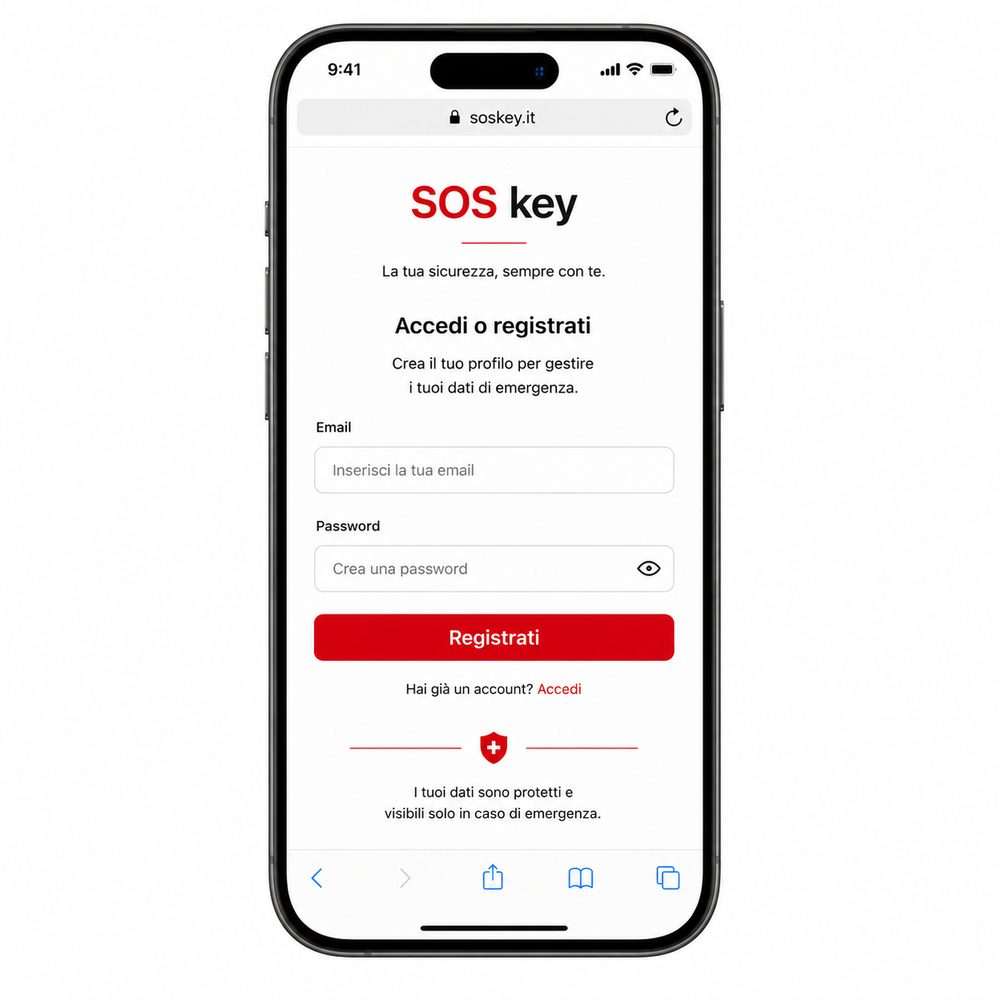 Schermata di registrazione del sito SOS key